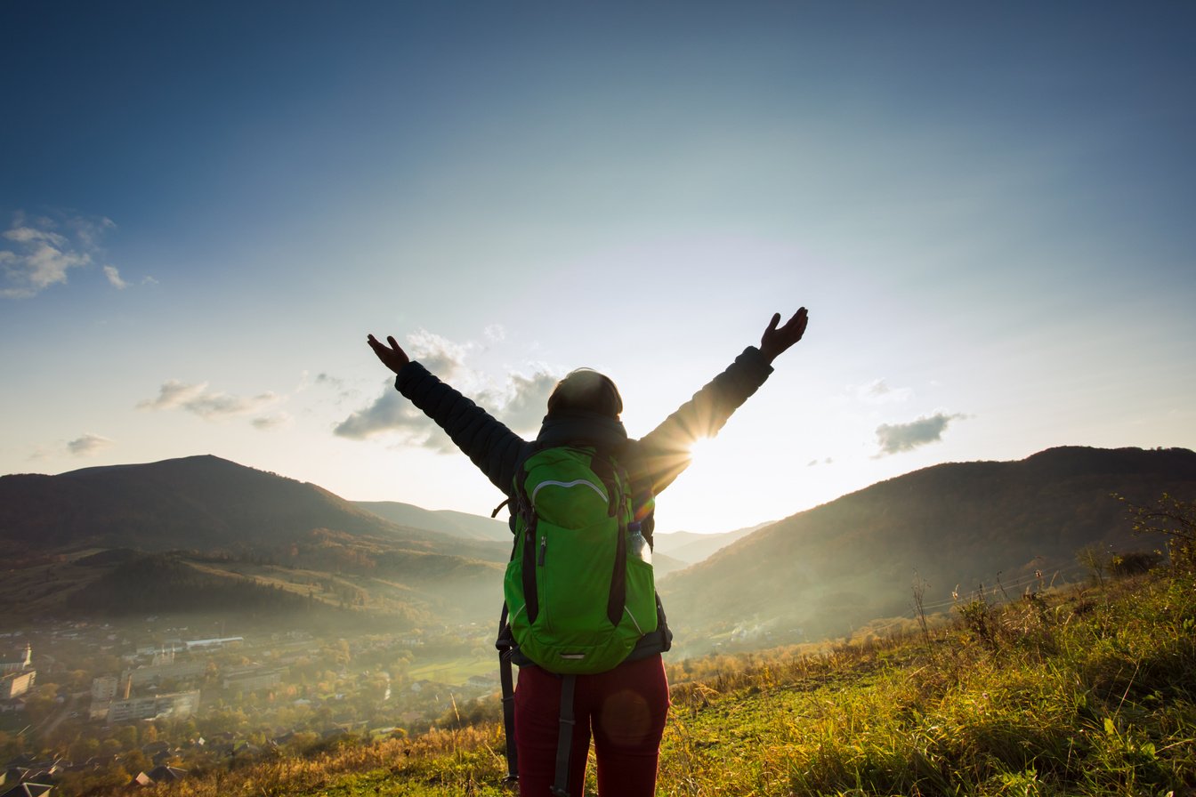 Greeting Sun While Long Solo Mountain Trip